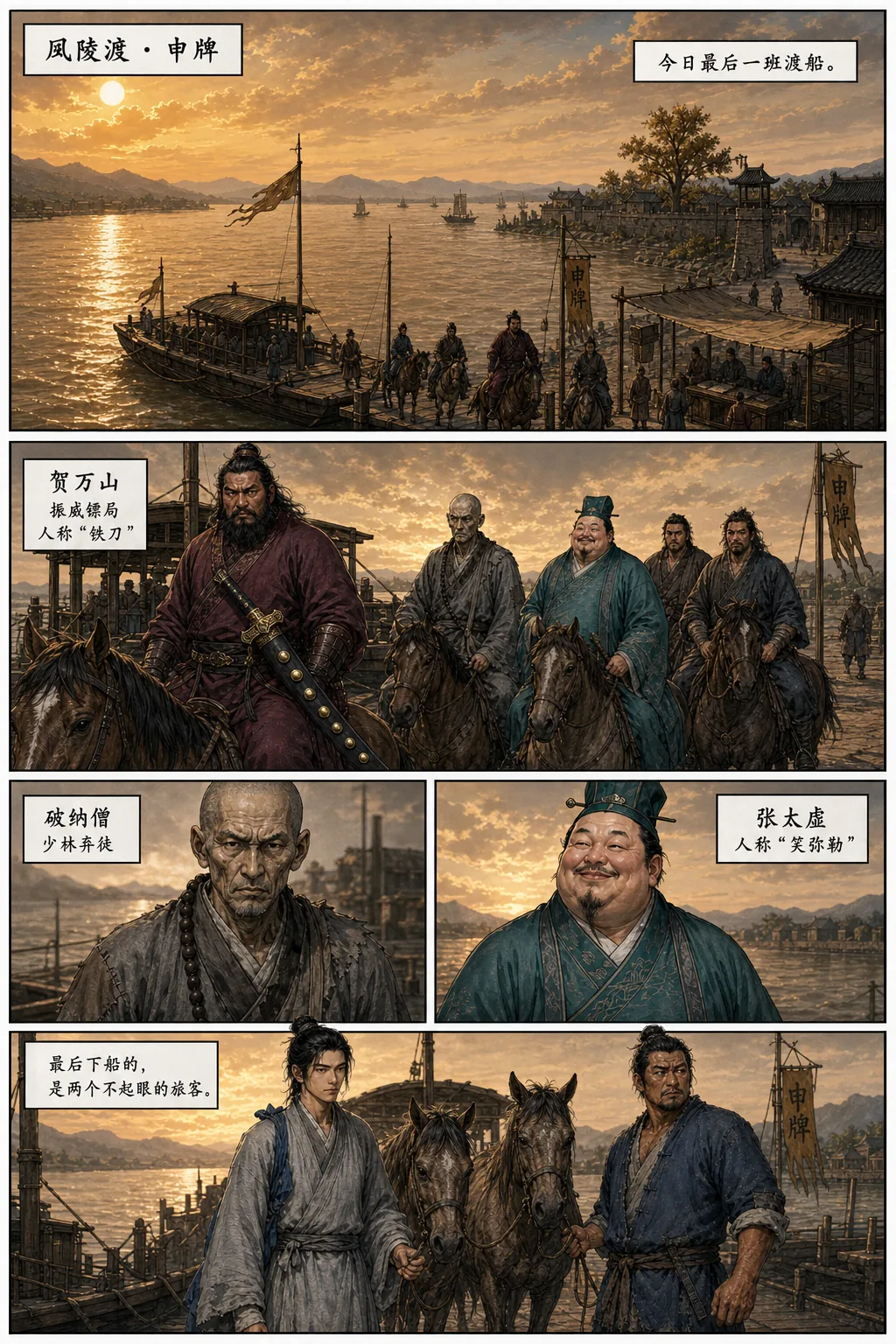 风陵渡黄昏全员登场：黄河渡口落日金光，木船靠岸，岸边立着写着「风陵渡」的旗幡与茶棚。下方依次是贺万山的六名骑士、枯瘦的破衲僧、白胖含笑的张太虚，最后是两个牵着瘦马、衣着不起眼的旅客。旁白框：今日最后一班渡船。