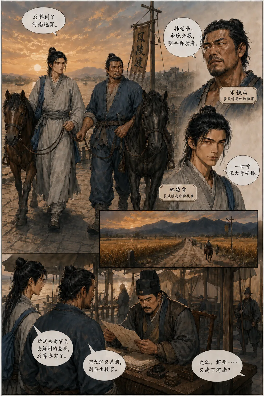 出了渡口：宋铁山与韩凌霄各牵一匹瘦马在石板路上交谈，人物标注「宋铁山 长风镖局外聘执事」与「韩凌霄」。中景是牌楼下笔直伸向远山的官道与两旁金黄麦田。下格切到查验站屋檐下，巡捕低头翻看路引，韩凌霄拱手应答。