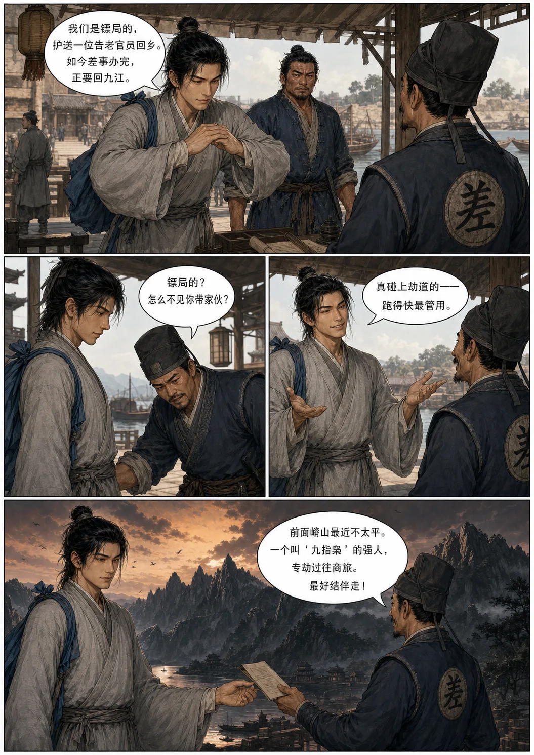 查验站问话三格戏：韩凌霄拱手解释镖局身份；巡捕侧身审视、面露怀疑；韩凌霄摊手笑答「跑得最快最管用」。末格巡捕递还路引，背景是暮色中的山水与镇口，旁白提及崤山强人「九指枭」。