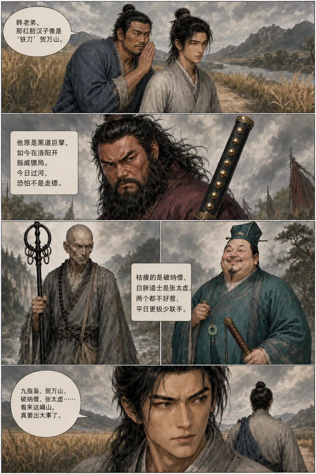 宋铁山认人四格：宋铁山附耳低语；「铁刀」贺万山浓髯正脸特写，肩后横着厚背雁翎刀，刀鞘上七颗鎏金钉；破衲僧拄铁禅杖与笑脸迎人的张太虚并列；末格韩凌霄侧脸凝思，把四个名字串成一件事。