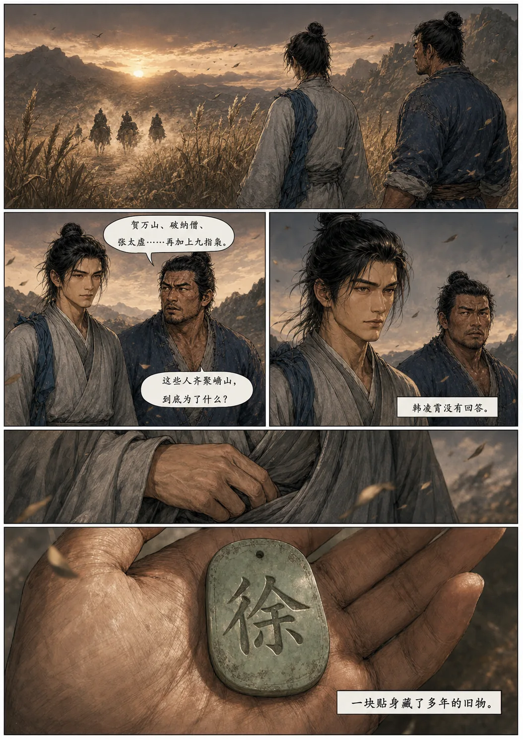 玉牌五格：暮色中六骑远去的小远景，两人背身远望；中段是两句对答的侧脸；韩凌霄沉默不语；手部特写探入怀中；末格是手掌里的玉牌大特写，边缘磨得光滑，正面一个古篆「徐」字。旁白框：一块贴身藏了多年的旧物。