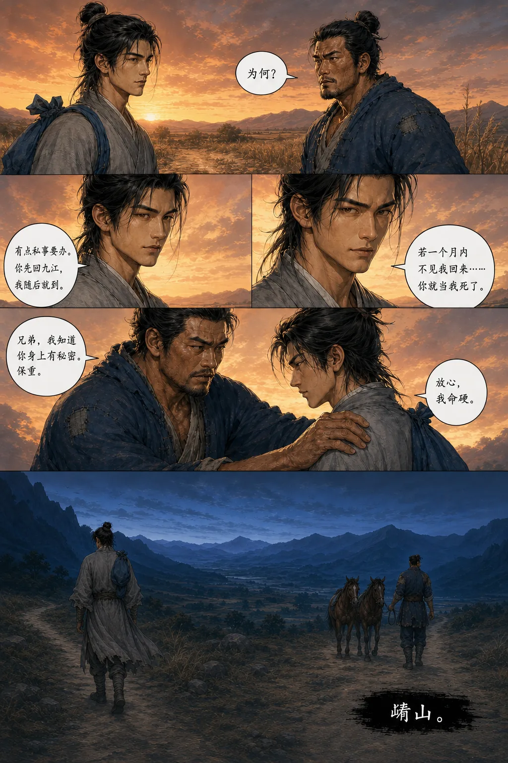 告别六格：暮色麦田边两人对话；插入式特写完成告别；宋铁山伸手搭上韩凌霄的肩；末格拉到夜景远景，韩凌霄独自沿官道走向群山，宋铁山牵着两匹马留在原地。画面右下角落版一个墨字：崤山。