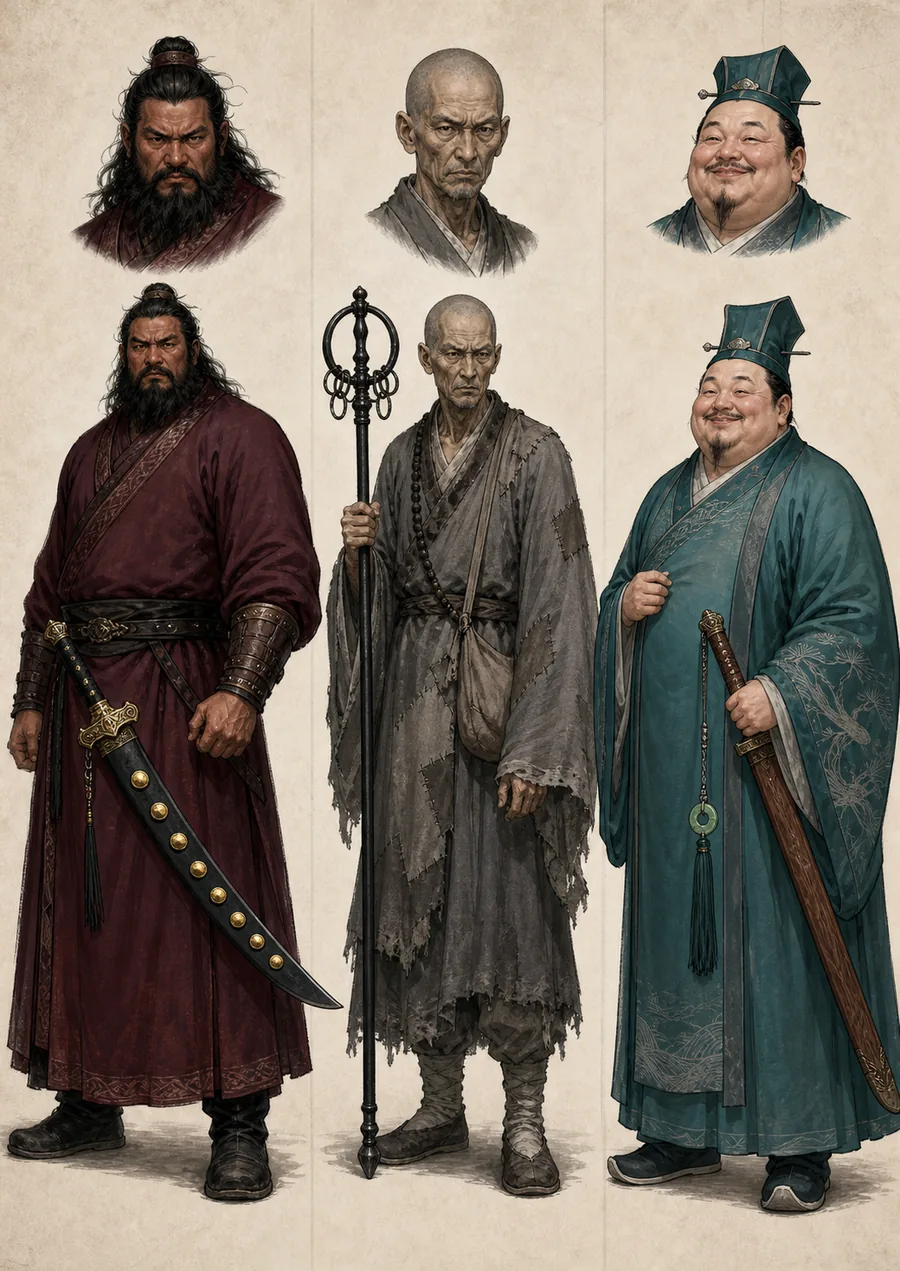 贺万山、破衲僧、张太虚三人的设定图：贺万山 — 面如重枣、一部浓髯，暗红袍，腰间厚背雁翎刀，刀鞘嵌七颗鎏金钉；破衲僧 — 枯瘦僧人，补丁灰僧袍，铁禅杖，挂念珠；张太虚 — 白胖道士，青色道袍，笑眼盈盈，手持松纹古剑，剑穗系碧玉环。
