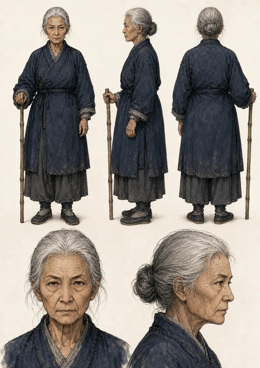 孟婆婆的人物设定图：满头白发、面容深刻的老妪，靛蓝半旧布衫，束腰布带，拄一根竹杖，站姿看似随意实则重心微沉。